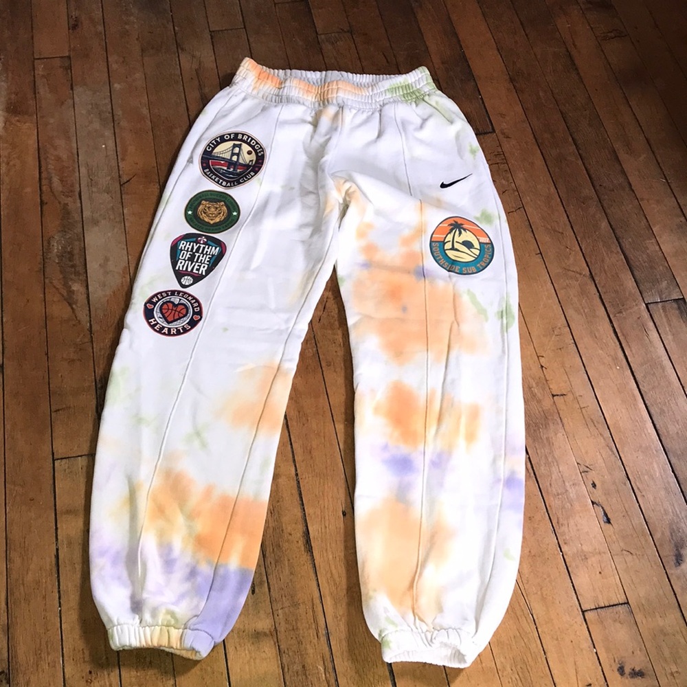 Nike White Tie-Dye Patch Joggers with Orange, Purple & Light Green‎ Accents